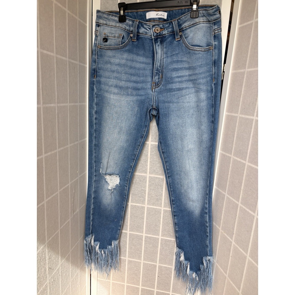 KanCan Leslie MidRise Ankle Skinny Jeans Womens 11/29 Blue Fringe Hem Distressed